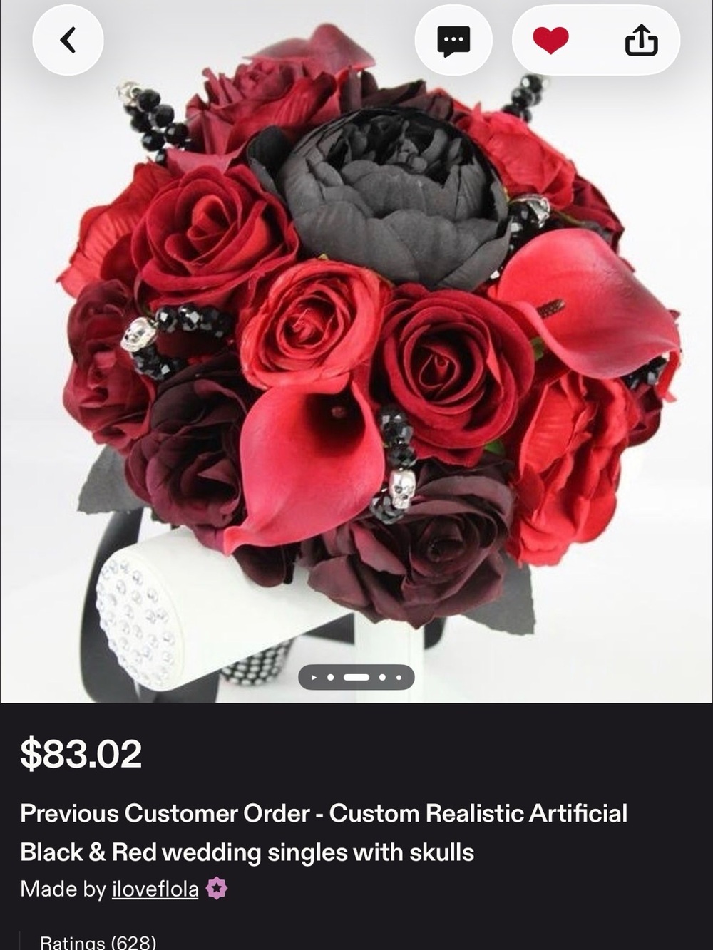 Custom Red and Black Medium Sized Fake Flower Bouquet With Skull Accents